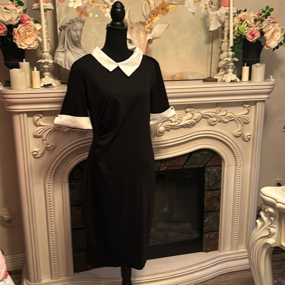 Cute black and white retro dress with waist gathering.  Size large